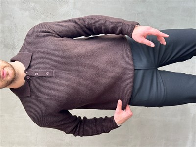 Erkek Elit Kalite Regular Kalıp Düğme Detaylı Polo Yaka Triko Kazak-Kahverengi(E1886)