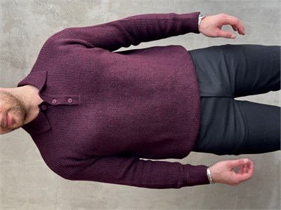 Erkek Elit Kalite Regular Kalıp Düğme Detaylı Polo Yaka Triko Kazak-Bordo(E1886)