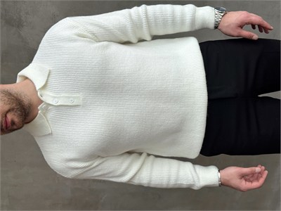 Erkek Elit Kalite Regular Kalıp Düğme Detaylı Polo Yaka Triko Kazak-Beyaz(E1886)