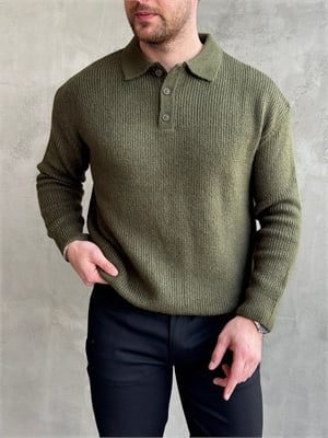 Erkek Elit Kalite Regular Kalıp Düğme Detaylı Polo Yaka Triko Kazak-Haki(E1886)
