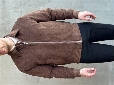 Erkek Elit Kalite Regular Kalıp İçi Astarlı Kadife Kumaş Bomber Ceket-Kahverengi(E1882)Ketench