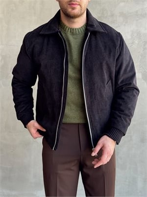 Erkek Elit Kalite Regular Kalıp İçi Astarlı Kadife Kumaş Bomber Ceket-Siyah(E1882)Ketench
