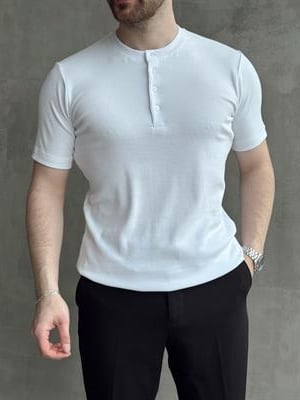 Erkek Elit Kalite Regular Kalıp Pat Yaka Detay Pamuk Kumaş T-Shirt-Beyaz(E1678)