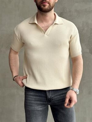 Erkek Elit Kalite Regular Kalıp Polo Yaka Triko T-Shirt-Bej(E1694)