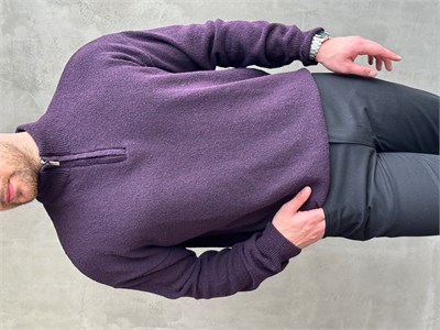 Erkek Elit Kalite Regular Kalıp Yarım Fermuarlı Buklet Kumaş Triko Kazak-Mor(E1885)