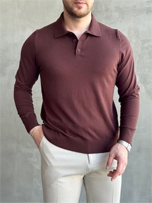 Erkek Elit Model Regular Kalıp Düğme Detaylı Polo Yaka İnce Triko Kazak-Kahverengi(E1873)