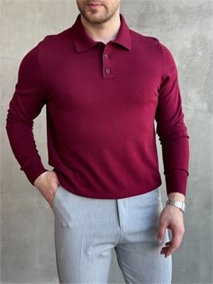 Erkek Elit Model Regular Kalıp Düğme Detaylı Polo Yaka İnce Triko Kazak-Bordo(E1873)