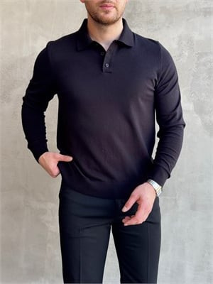 Erkek Elit Model Regular Kalıp Düğme Detaylı Polo Yaka İnce Triko Kazak-Siyah(E1873)