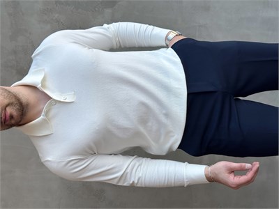 Erkek Elit Model Regular Kalıp Düğme Detaylı Polo Yaka İnce Triko Kazak-Ekru(E1873)