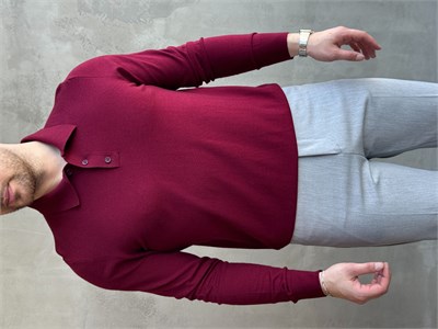 Erkek Elit Model Regular Kalıp Düğme Detaylı Polo Yaka İnce Triko Kazak-Bordo(E1873)
