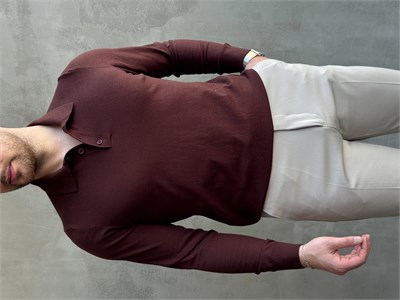 Erkek Elit Model Regular Kalıp Düğme Detaylı Polo Yaka İnce Triko Kazak-Kahverengi(E1873)