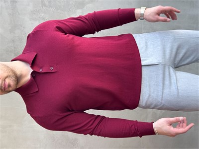 Erkek Elit Model Regular Kalıp Düğme Detaylı Polo Yaka İnce Triko Kazak-Bordo(E1873)
