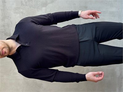 Erkek Elit Model Regular Kalıp Düğme Detaylı Polo Yaka İnce Triko Kazak-Siyah(E1873)