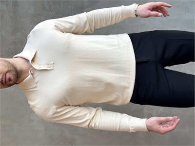 Erkek Elit Model Regular Kalıp Düğme Detaylı Polo Yaka İnce Triko Kazak-Bej(E1873)