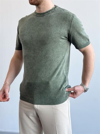 Erkek Elit Seçim Bisiklet Yaka Ribana Detay Triko T-Shirt-Yeşil(E1298)