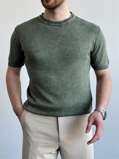 Erkek Elit Seçim Bisiklet Yaka Ribana Detay Triko T-Shirt-Yeşil(E1298)