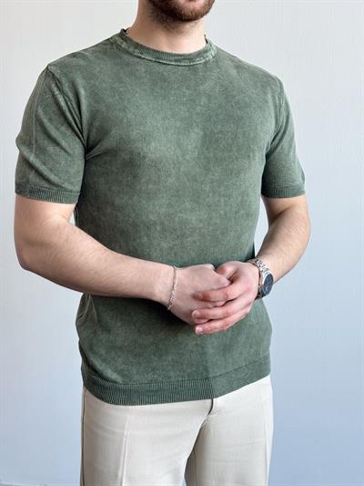 Erkek Elit Seçim Bisiklet Yaka Ribana Detay Triko T-Shirt-Yeşil(E1298)
