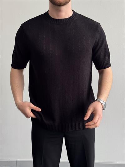 Erkek Elit Seçim Oversize Kalıp Bisiklet Yaka Desenli Triko T-Shirt-Siyah(E1336)