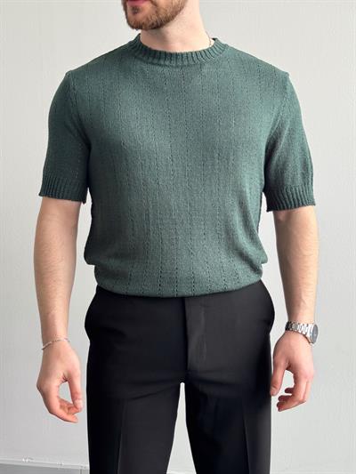 Erkek Elit Seçim Oversize Kalıp Bisiklet Yaka Desenli Triko T-Shirt-Zümrüt(E1336)
