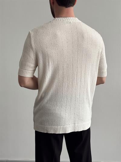 Erkek Elit Seçim Oversize Kalıp Bisiklet Yaka Desenli Triko T-Shirt-Bej(E1336)