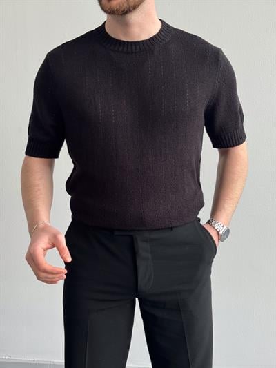 Erkek Elit Seçim Oversize Kalıp Bisiklet Yaka Desenli Triko T-Shirt-Siyah(E1336)