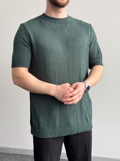 Erkek Elit Seçim Oversize Kalıp Bisiklet Yaka Desenli Triko T-Shirt-Zümrüt(E1336)