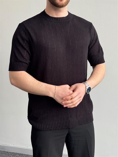 Erkek Elit Seçim Oversize Kalıp Bisiklet Yaka Desenli Triko T-Shirt-Siyah(E1336)