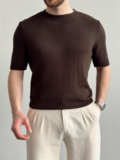 Erkek Elit Seçim Oversize Kalıp Bisiklet Yaka Desenli Triko T-Shirt-Kahverengi(E1336)