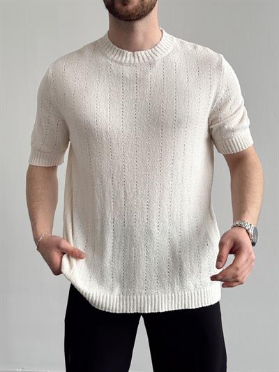 Erkek Elit Seçim Oversize Kalıp Bisiklet Yaka Desenli Triko T-Shirt-Bej(E1336)