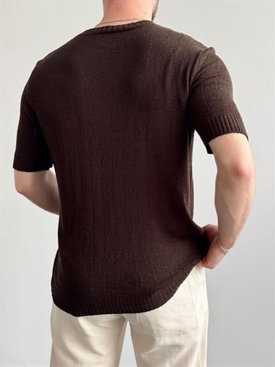 Erkek Elit Seçim Oversize Kalıp Bisiklet Yaka Desenli Triko T-Shirt-Kahverengi(E1336)