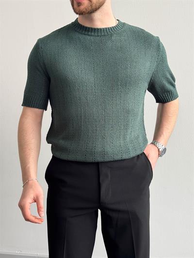 Erkek Elit Seçim Oversize Kalıp Bisiklet Yaka Desenli Triko T-Shirt-Zümrüt(E1336)