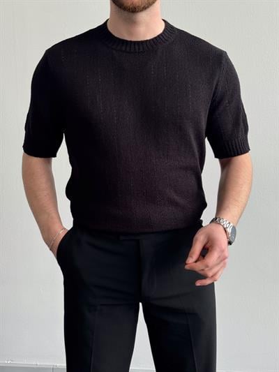 Erkek Elit Seçim Oversize Kalıp Bisiklet Yaka Desenli Triko T-Shirt-Siyah(E1336)