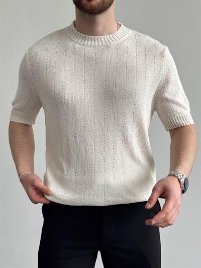 Erkek Elit Seçim Oversize Kalıp Bisiklet Yaka Desenli Triko T-Shirt-Bej(E1336)