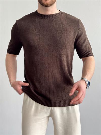 Erkek Elit Seçim Oversize Kalıp Bisiklet Yaka Desenli Triko T-Shirt-Kahverengi(E1336)