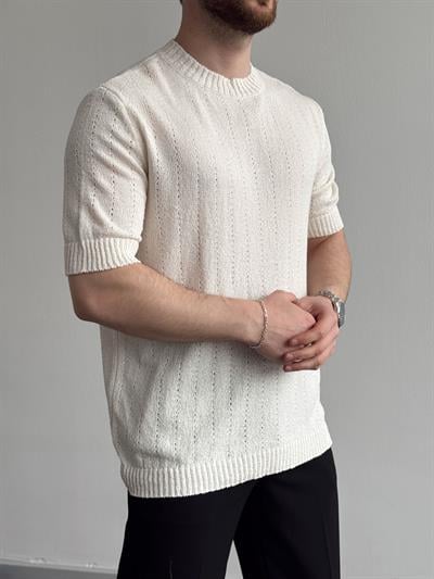 Erkek Elit Seçim Oversize Kalıp Bisiklet Yaka Desenli Triko T-Shirt-Bej(E1336)