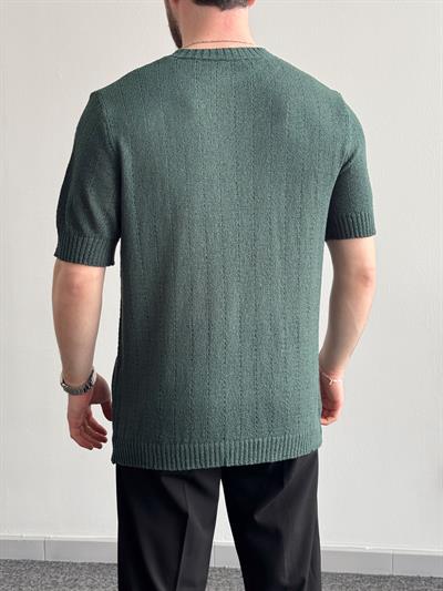 Erkek Elit Seçim Oversize Kalıp Bisiklet Yaka Desenli Triko T-Shirt-Zümrüt(E1336)
