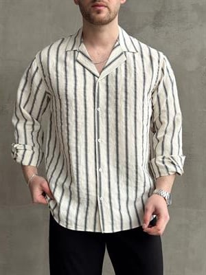 Erkek Elit Seçim Oversize Kalıp Çizgi Detaylı Dökümlü Kumaş Gömlek-Bej(E1643)