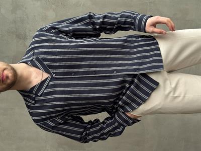 Erkek Elit Seçim Oversize Kalıp Çizgi Detaylı Dökümlü Kumaş Gömlek-Lacivert(E1643)