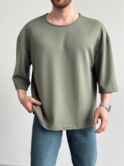 Erkek Elit Seçim Oversize Kalıp Fakir Kol Detay Düz T-Shirt-Yeşil(E1312)