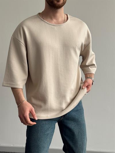 Erkek Elit Seçim Oversize Kalıp Fakir Kol Detay Düz T-Shirt-Krem(E1312)
