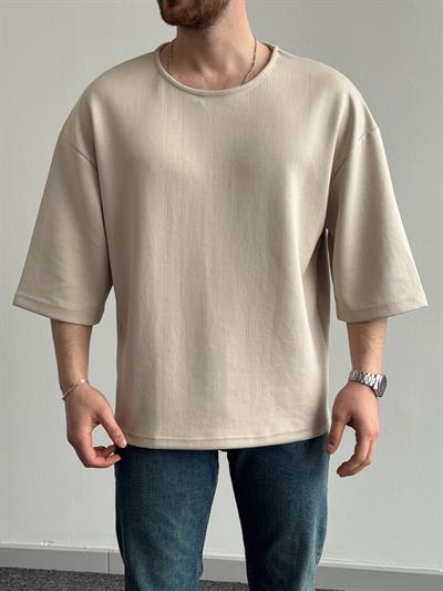 Erkek Elit Seçim Oversize Kalıp Fakir Kol Detay Düz T-Shirt-Krem(E1312)