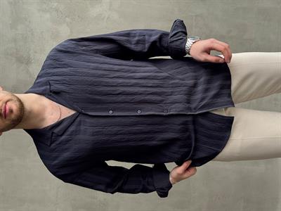 Erkek Elit Seçim Oversize Kalıp Şerit Detaylı Krinkıl Kumaş Gömlek-Lacivert(E1644)