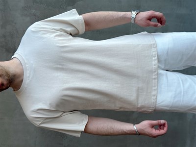 Erkek En Trend Oversize Kalıp Bisiklet Yaka Basic T-Shirt-Bej(E1758)