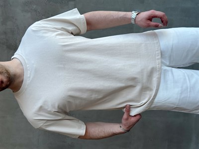 Erkek En Trend Oversize Kalıp Bisiklet Yaka Basic T-Shirt-Bej(E1758)