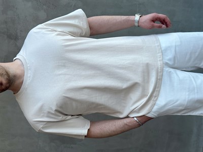 Erkek En Trend Oversize Kalıp Bisiklet Yaka Basic T-Shirt-Bej(E1758)