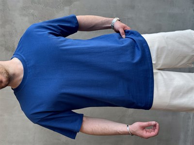 Erkek En Trend Oversize Kalıp Bisiklet Yaka Basic T-Shirt-Mavi(E1758)