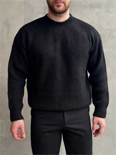 Erkek Favori Model Oversize Kalıp Brazilian Örgü Yüksek Gramajlı Bisiklet Yaka Triko Kazak-Siyah(E1895)