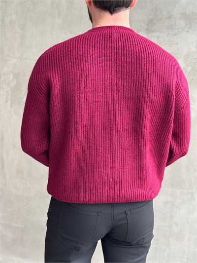Erkek Favori Model Oversize Kalıp Brazilian Örgü Yüksek Gramajlı Bisiklet Yaka Triko Kazak-Bordo(E1895)