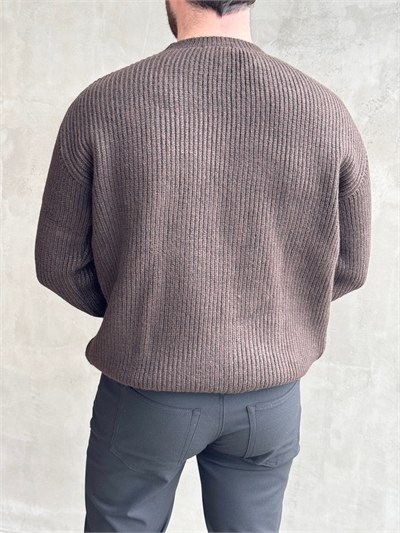 Erkek Favori Model Oversize Kalıp Brazilian Örgü Yüksek Gramajlı Bisiklet Yaka Triko Kazak-Kahverengi(E1895)