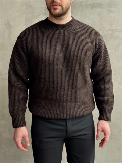 Erkek Favori Model Oversize Kalıp Brazilian Örgü Yüksek Gramajlı Bisiklet Yaka Triko Kazak-Kahverengi(E1895)